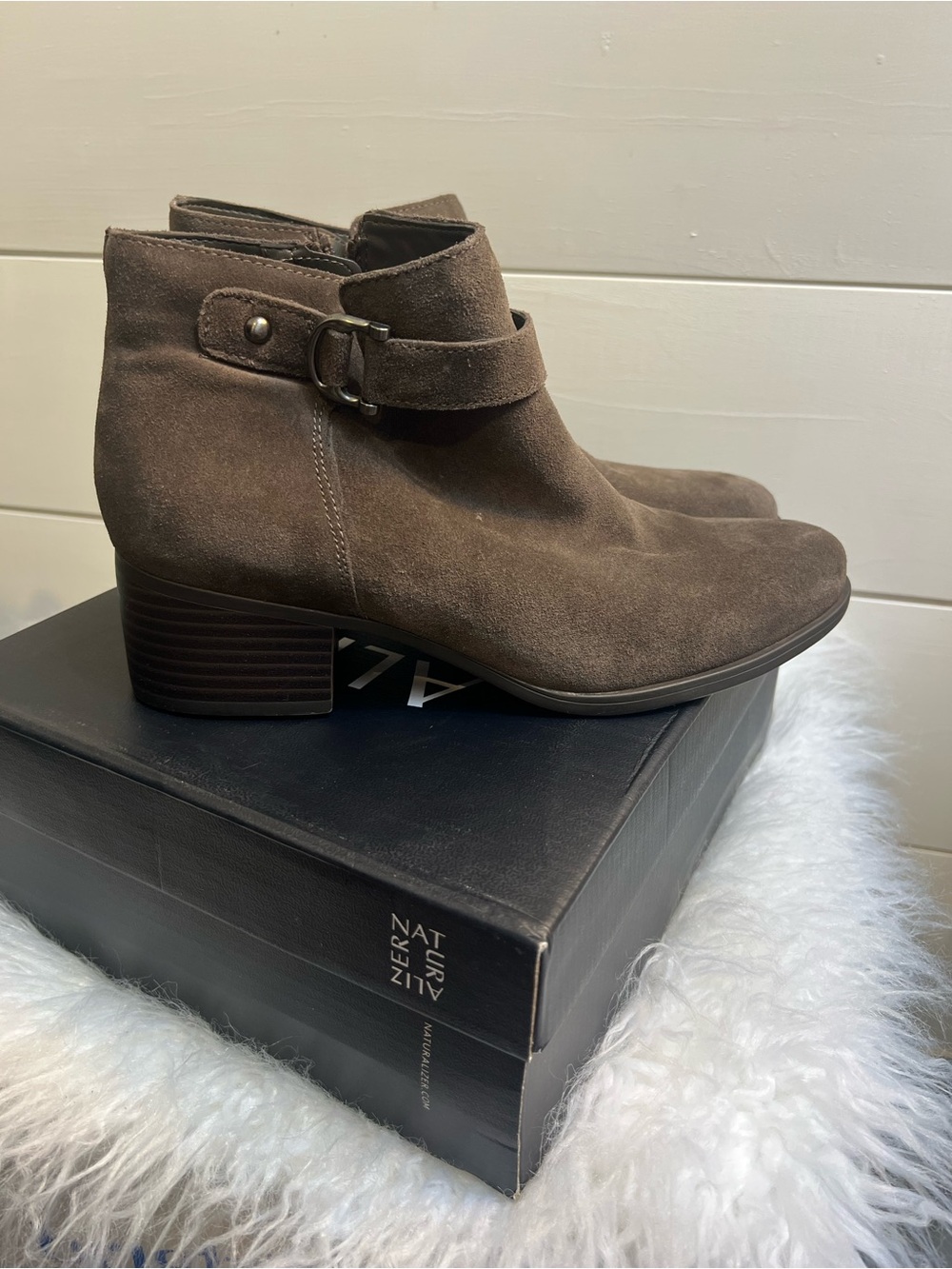 New Naturalizer Taupe Suede Ankle Boots with Strap Detail